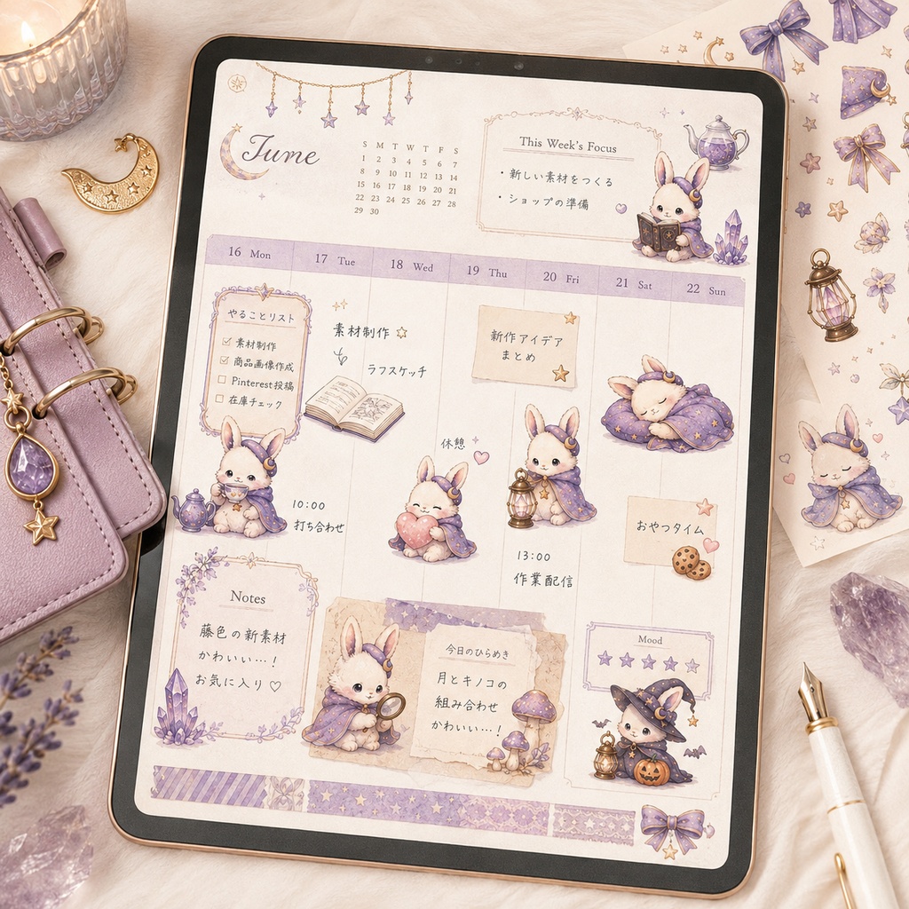 Moonveil Bunny 魔法うさぎのプランナーステッカー&クリップアート|Goodnotes・デジタル手帳・背景透過PNGセット