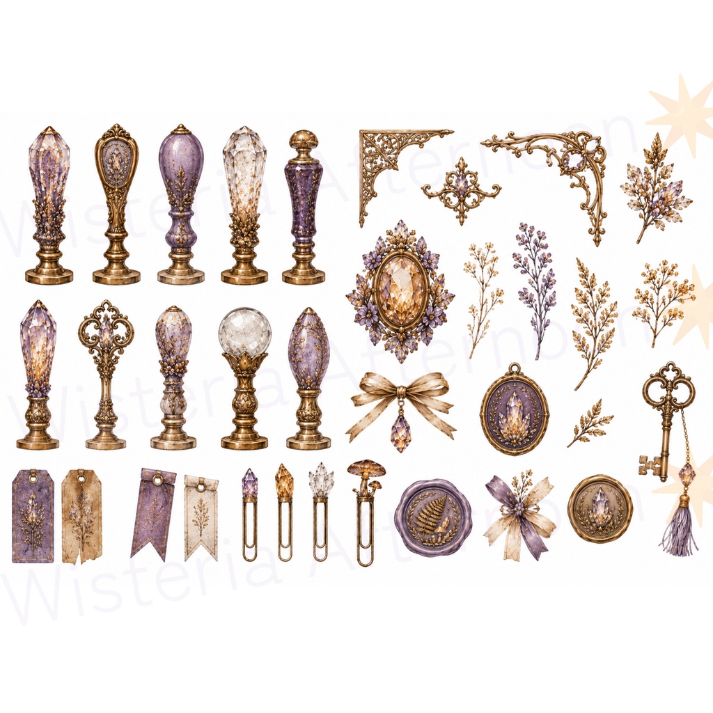Moonveil Caverns 幻想シーリングスタンプ&クリスタル 背景透過シート|手帳デコ・Goodnotes・クリップアート PNGセット