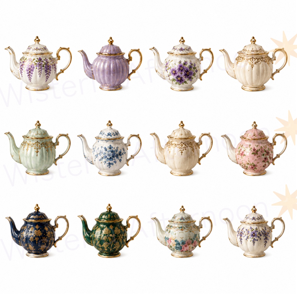 Wisteria Twilight アンティークティーセット 背景透過シート|ティーカップ・ティーポット・紅茶缶・Goodnotes・クリップアート PNGセット