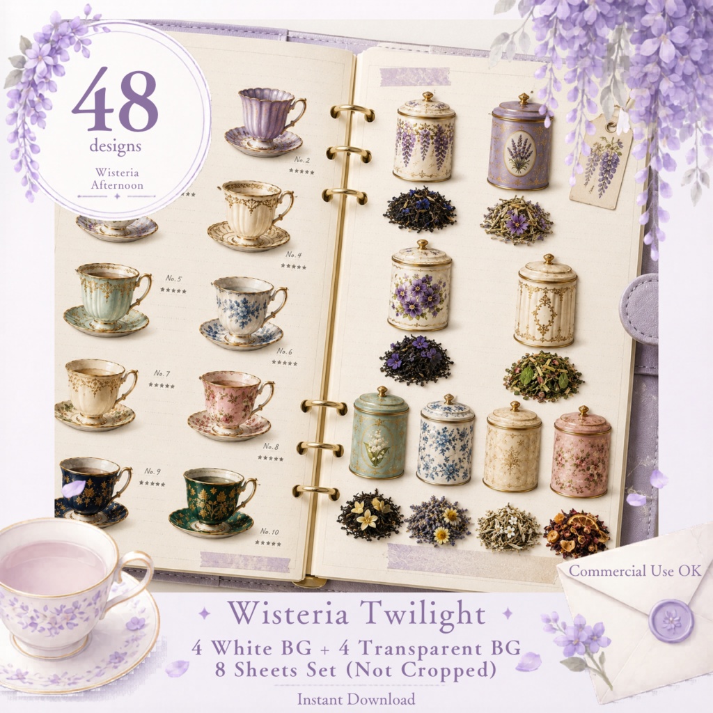 Wisteria Twilight アンティークティーセット 背景透過シート|ティーカップ・ティーポット・紅茶缶・Goodnotes・クリップアート PNGセット