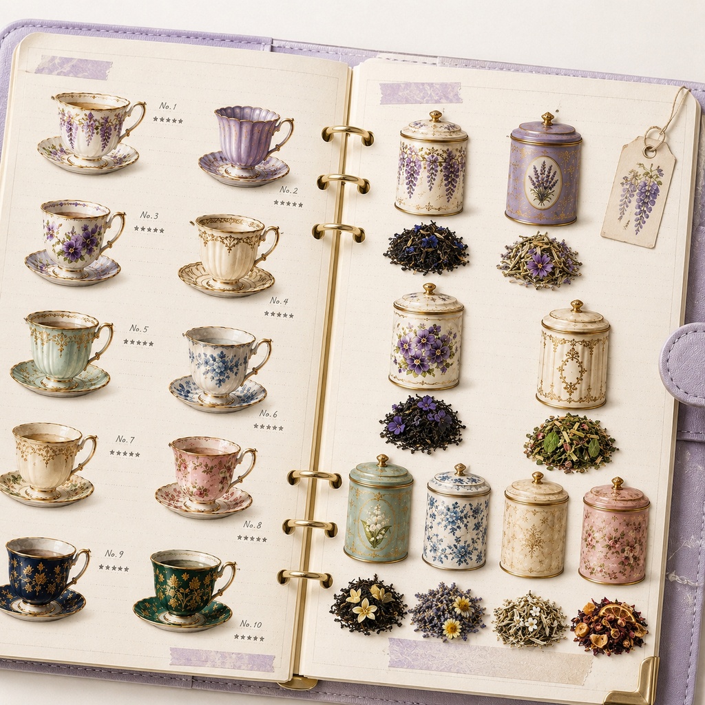 Wisteria Twilight アンティークティーセット 背景透過シート|ティーカップ・ティーポット・紅茶缶・Goodnotes・クリップアート PNGセット