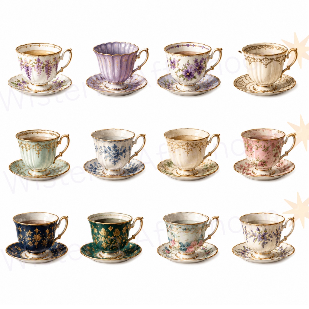 Wisteria Twilight アンティークティーセット 背景透過シート|ティーカップ・ティーポット・紅茶缶・Goodnotes・クリップアート PNGセット