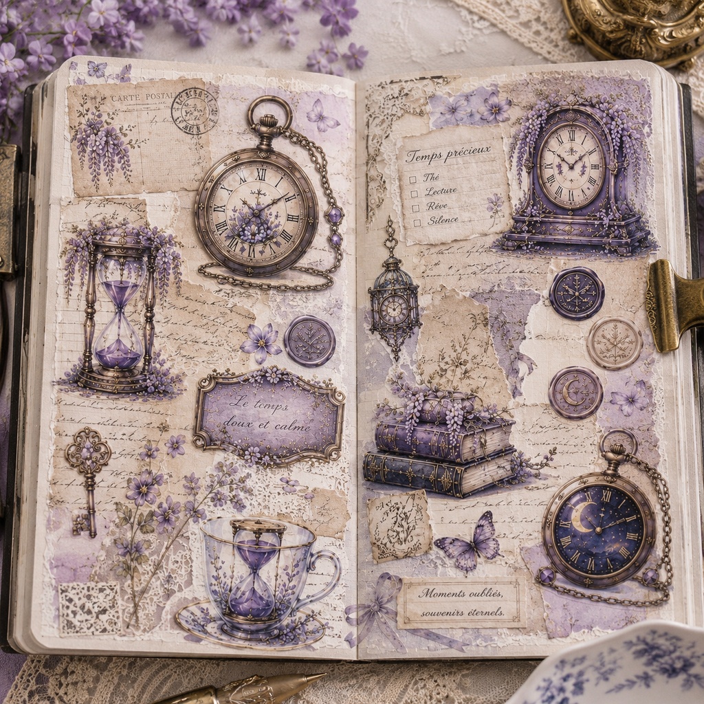 Wisteria Twilight|藤と時のコラージュ 背景透過シート&クリップアート素材セット|手帳・Goodnotes・コラージュ素材