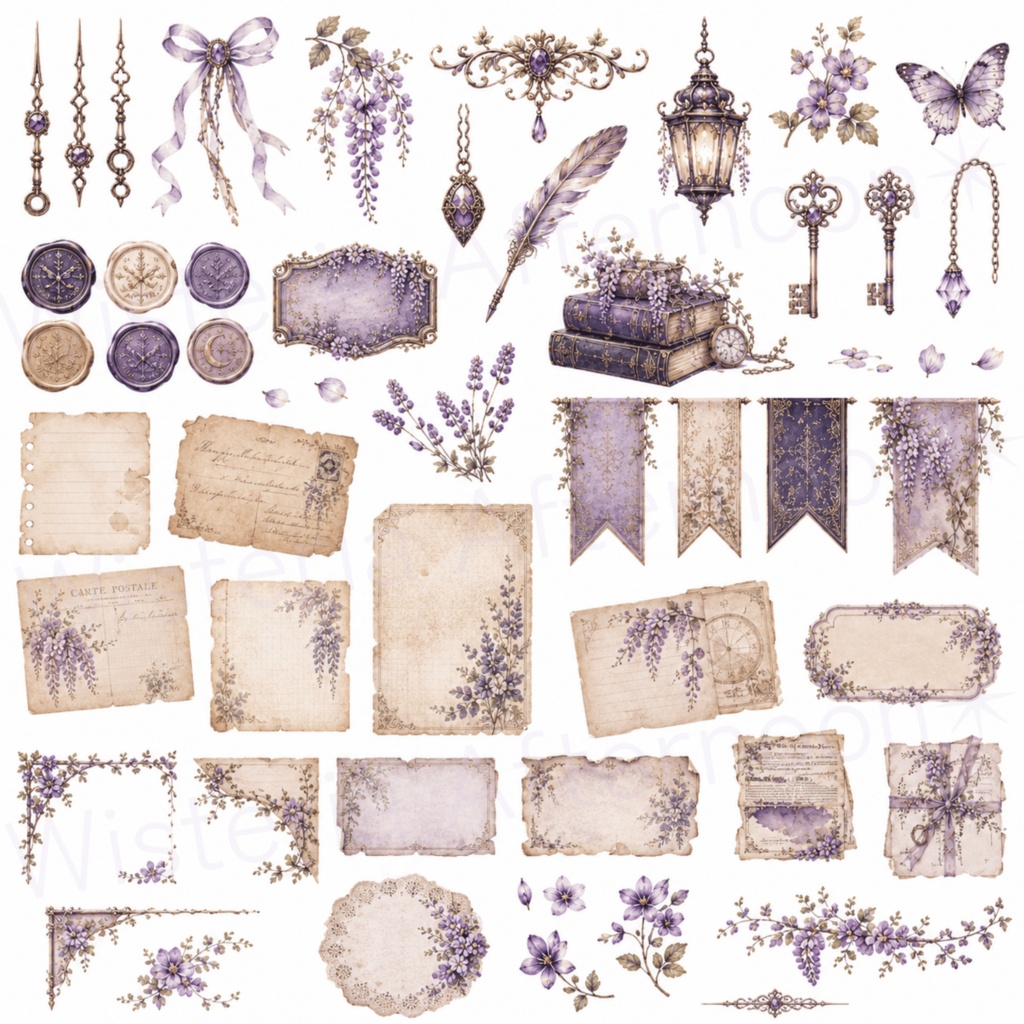 Wisteria Twilight|藤と時のコラージュ 背景透過シート&クリップアート素材セット|手帳・Goodnotes・コラージュ素材