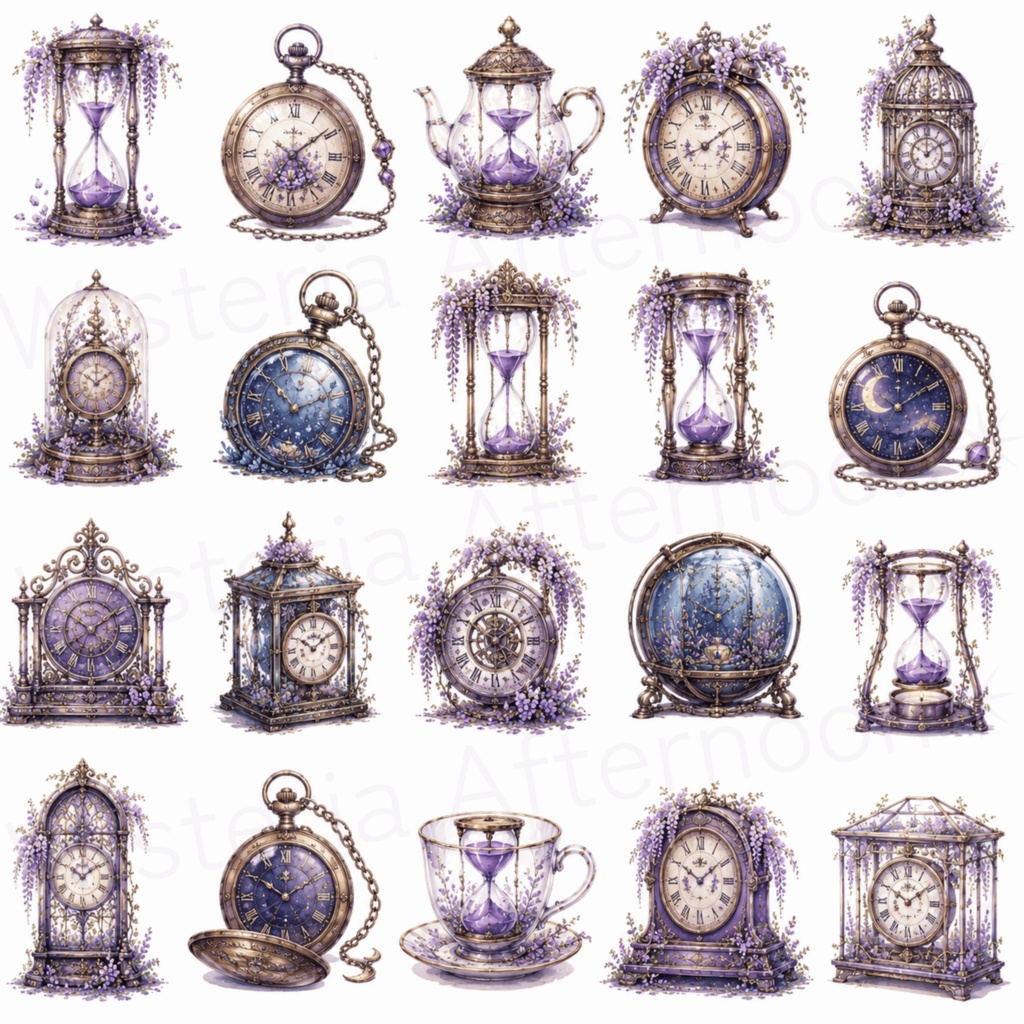 Wisteria Twilight|藤と時のコラージュ 背景透過シート&クリップアート素材セット|手帳・Goodnotes・コラージュ素材