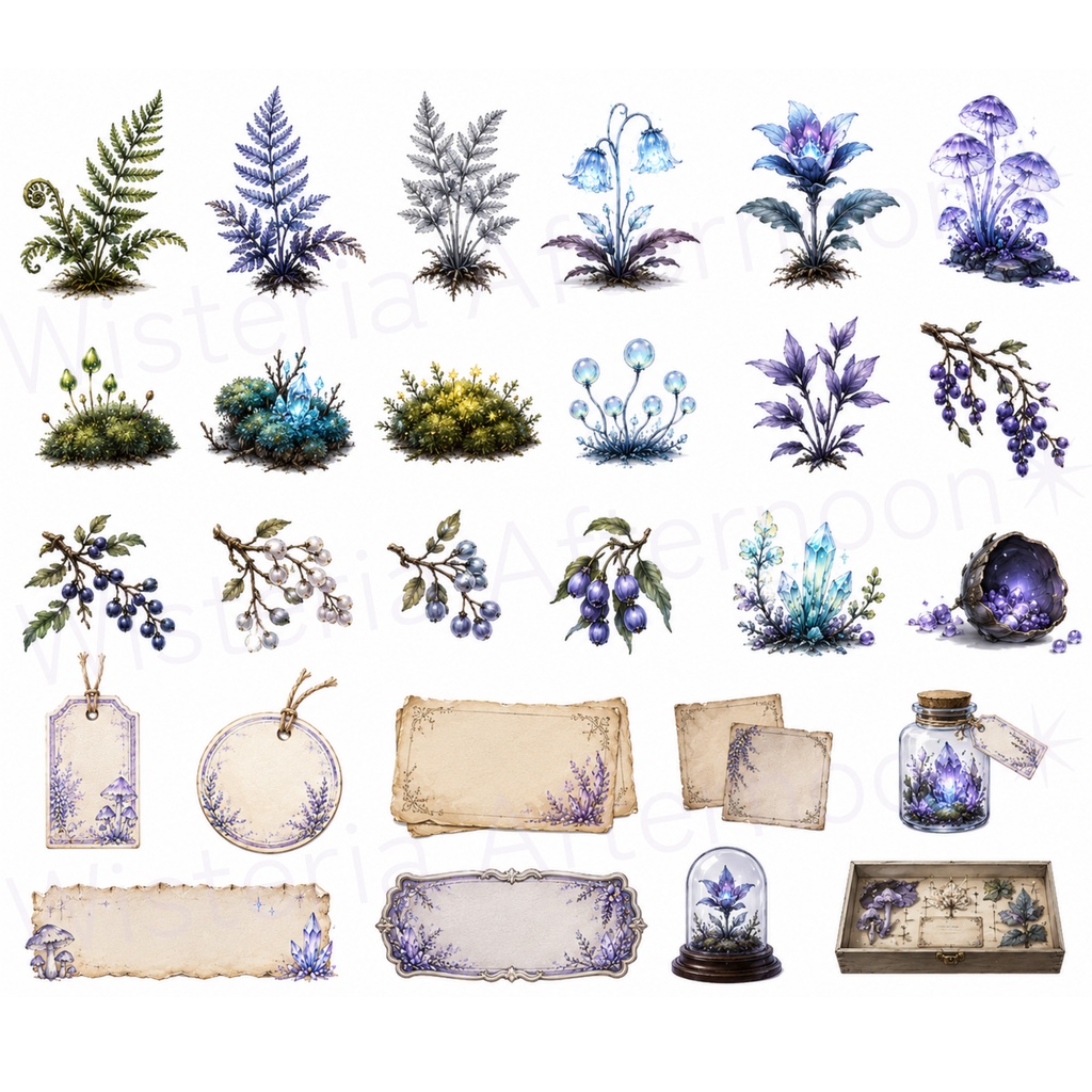 Moonveil Caverns|幻想植物&鉱石採集 背景透過クリップアート素材セット|手帳・Goodnotes・コラージュ素材