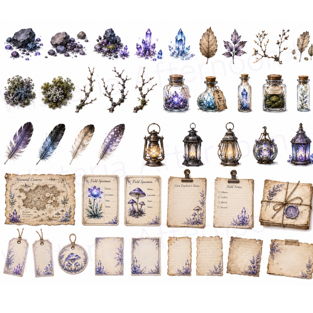Moonveil Caverns|幻想植物&鉱石採集 背景透過クリップアート素材セット|手帳・Goodnotes・コラージュ素材