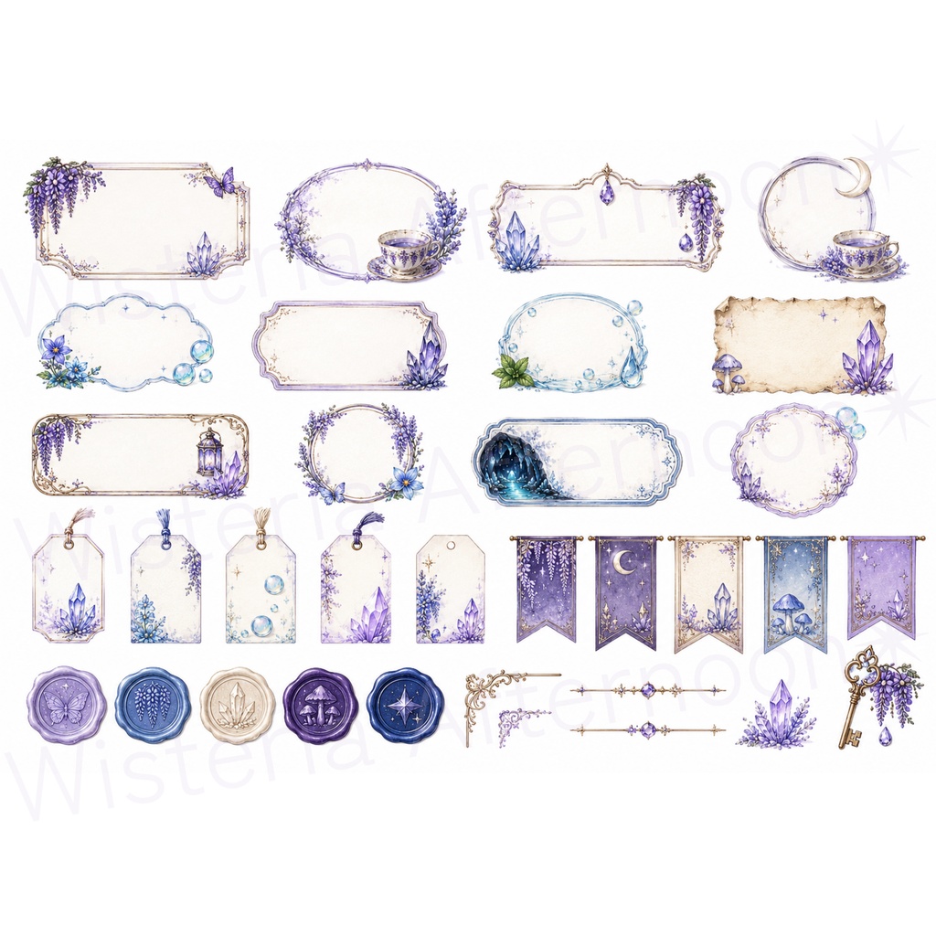 商用OK Moonveil Caverns|幻想ティーラベル&背景透過クリップアート素材セット|手帳・Goodnotes・コラージュ素材