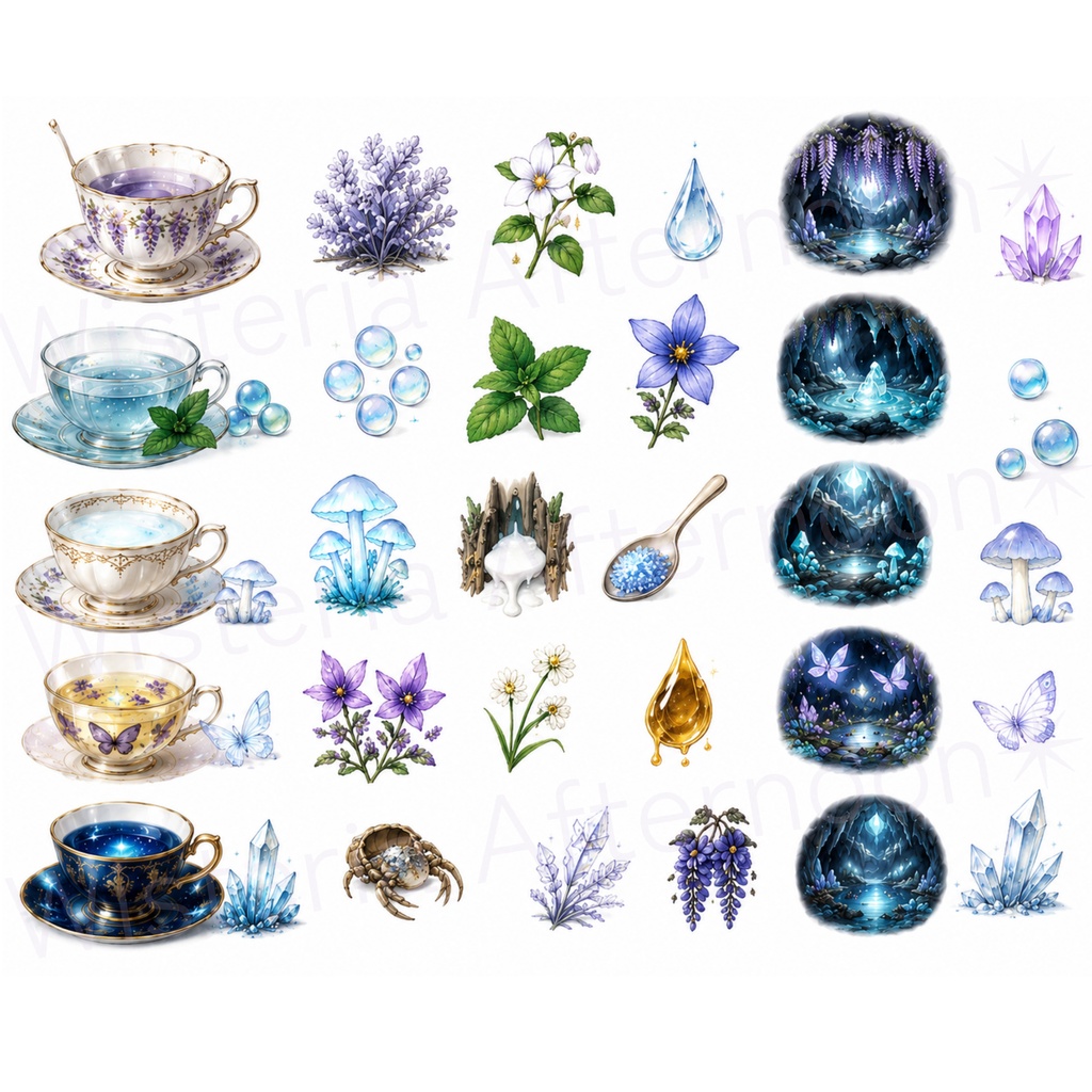 商用OK Moonveil Caverns|幻想ティーラベル&背景透過クリップアート素材セット|手帳・Goodnotes・コラージュ素材