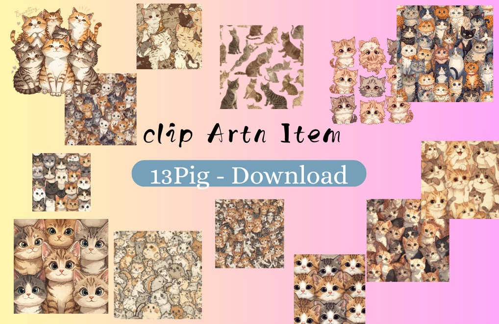 【PNGデータ】パステル子猫だらけ!キュートなクリップアート13種セット - あなたの毎日を彩る癒しのイラスト素材