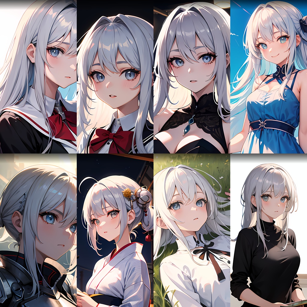 《キャラクター素材8点》『白髪ロング女キャラ』_ゲーム素材_画像素材