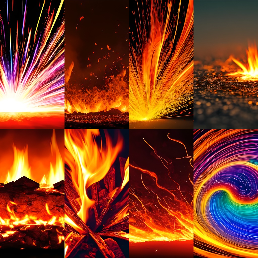 《素材47点》『爆発・火花・炎』_炎属性やカラフルな火花_爆発や延焼を表す背景