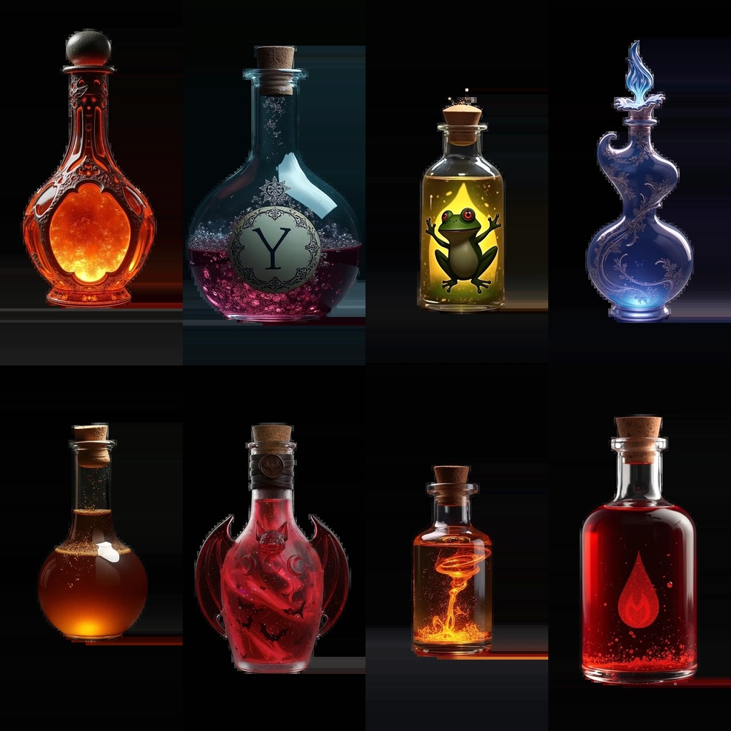 《PNG透過素材100点》『ポーション』_回復・魔法・属性付与・ステータスUP・状態異常