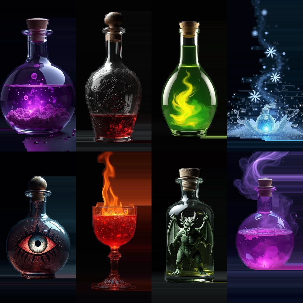 《PNG透過素材100点》『ポーション』_回復・魔法・属性付与・ステータスUP・状態異常