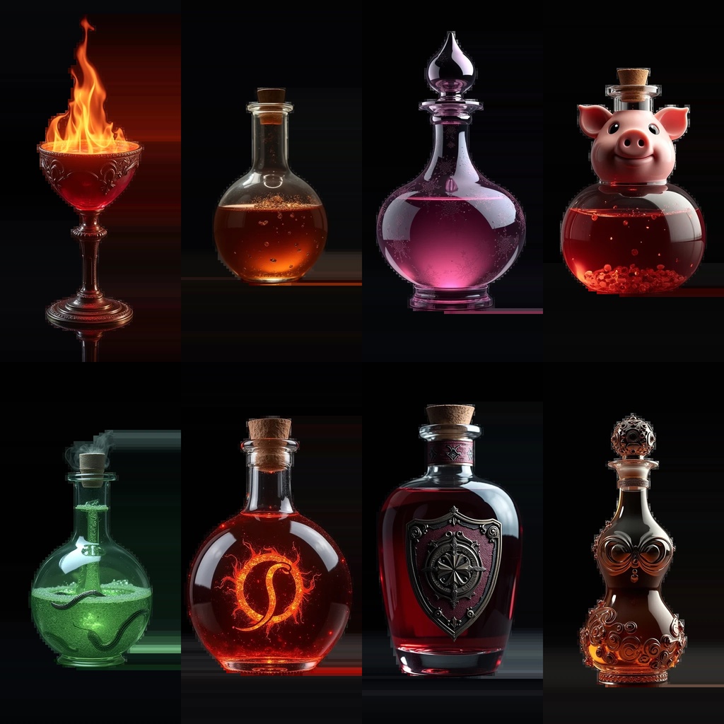 《PNG透過素材100点》『ポーション』_回復・魔法・属性付与・ステータスUP・状態異常