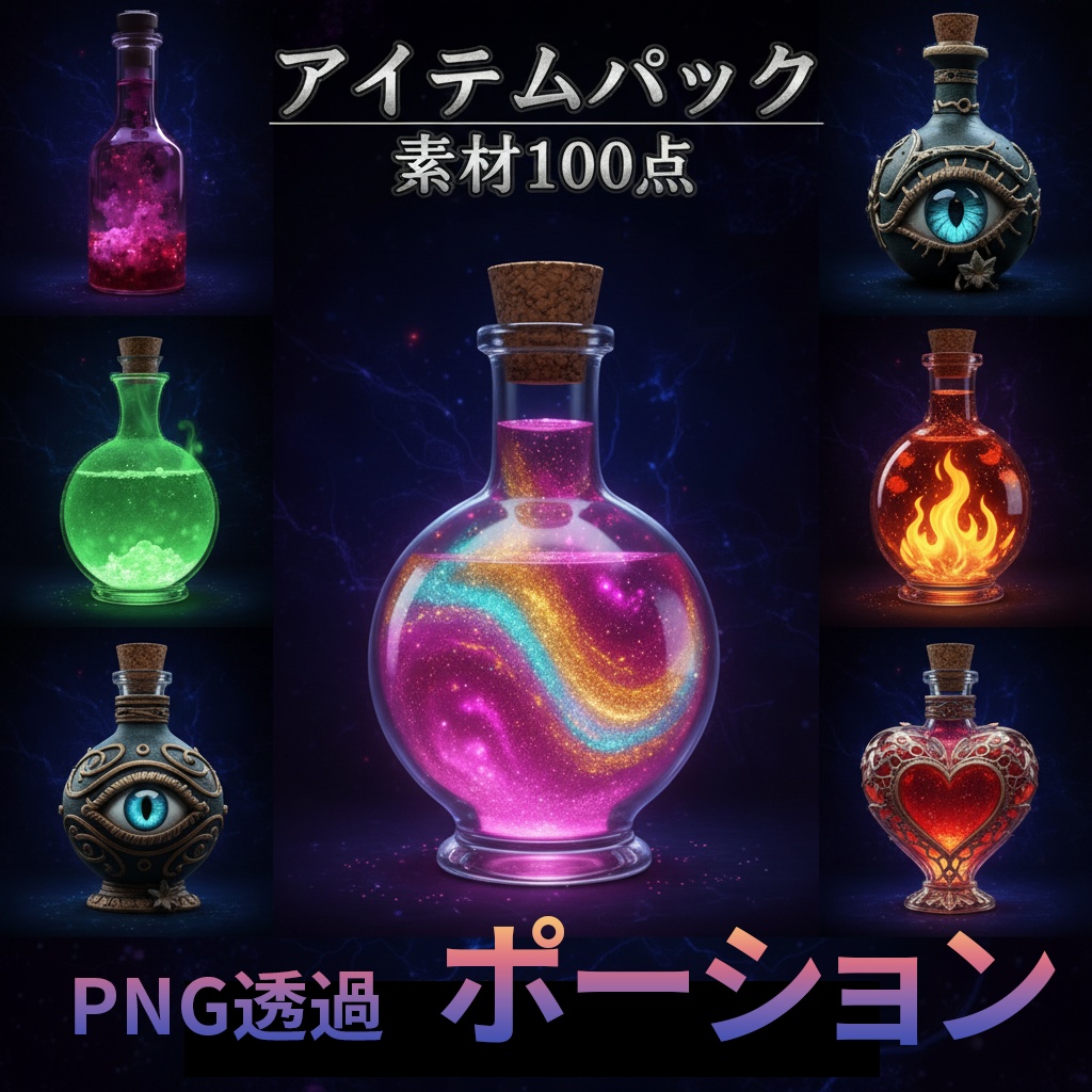 《PNG透過素材100点》『ポーション』_回復・魔法・属性付与・ステータスUP・状態異常