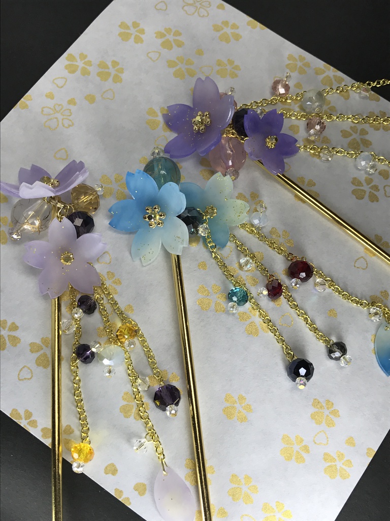 男子色の桜と刀の2連かんざし