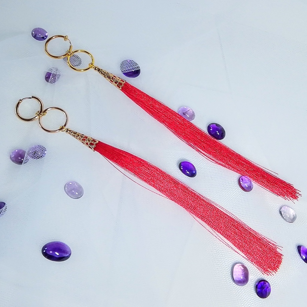 匿名配送●リングとロングタッセル ピアス ゴールド&レッド 片耳用 ドゥリーヨダナ●