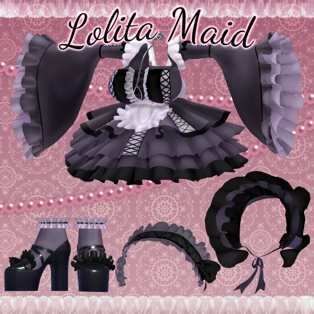 「伊邪那美」Lolita Maid Outfit Set †𓆩♡𓆪† ロリタメイド 衣装 セット 3D Model Unitypackage Modular Avatar