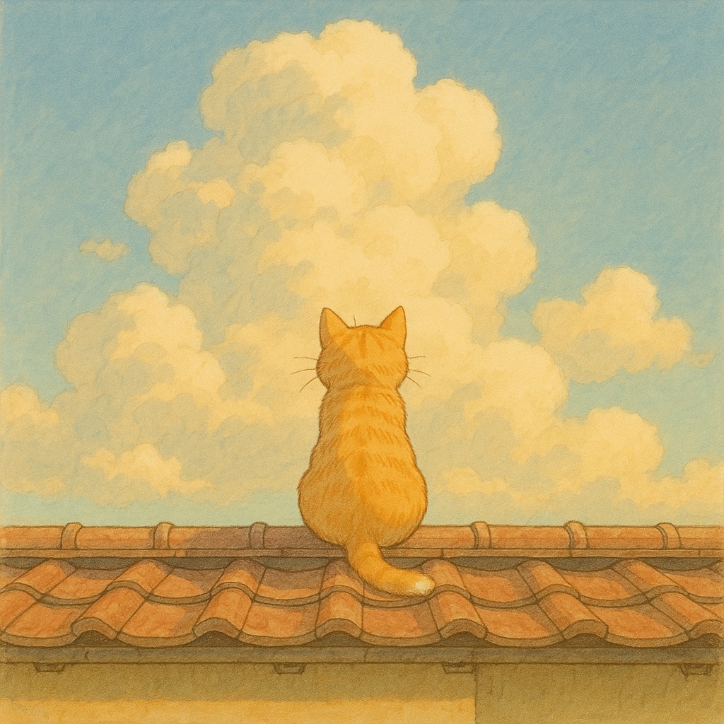 空を見上げる猫と屋根の上