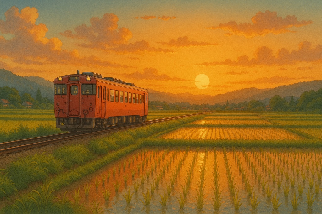 田んぼと電車の通る夕焼けの風景