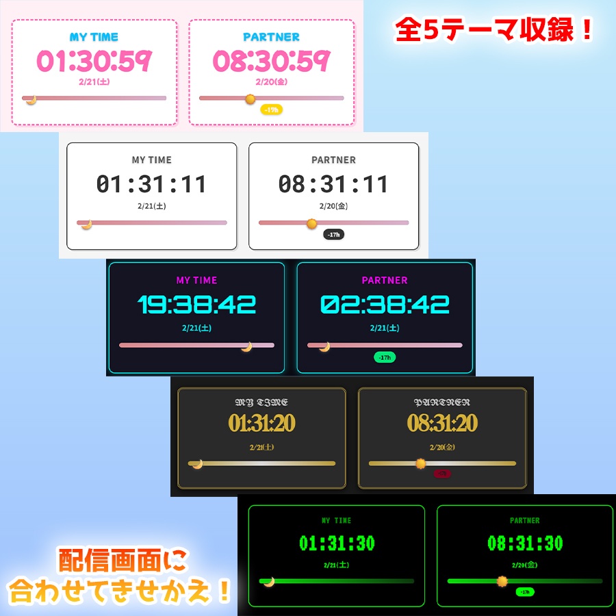 【Win/Mac/OBS】コラボ用ビジュアル時差時計 'V-DualClock Pro' 【HTMLオーバーレイ/配信素材】