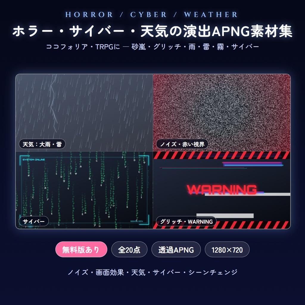 【無料版あり】ホラー・サイバー・天気の演出APNG素材集（全20点）砂嵐ノイズ・グリッチ・雨・雷・霧【ココフォリア・TRPG】