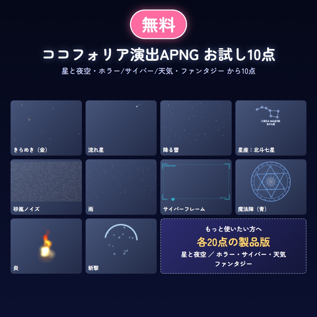 【無料】ココフォリア演出APNG お試し10点セット（きらめき・流れ星・雪・星座・ノイズ・雨・サイバー・魔法陣・炎・斬撃）