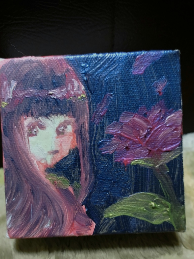 油絵作品 女の子と花 100mm正方 Aquarium No 31 Booth