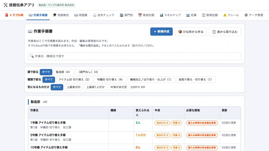 技能伝承アプリ|ベテランの段取りを写真つき手順書に(買い切り・1事業場・Windows/Mac同梱)