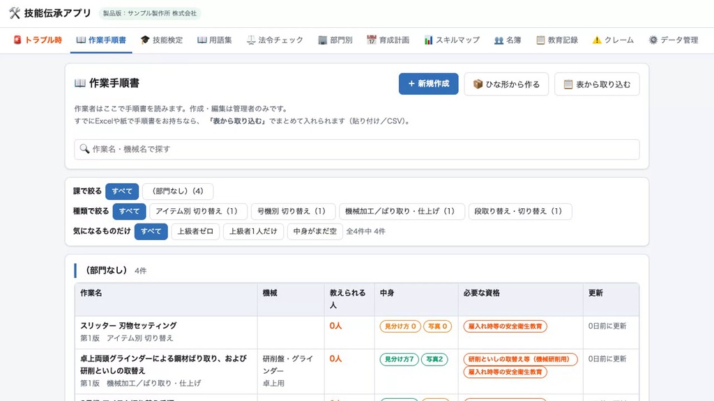 技能伝承アプリ|ベテランの段取りを写真つき手順書に(買い切り・1事業場・Windows/Mac同梱)