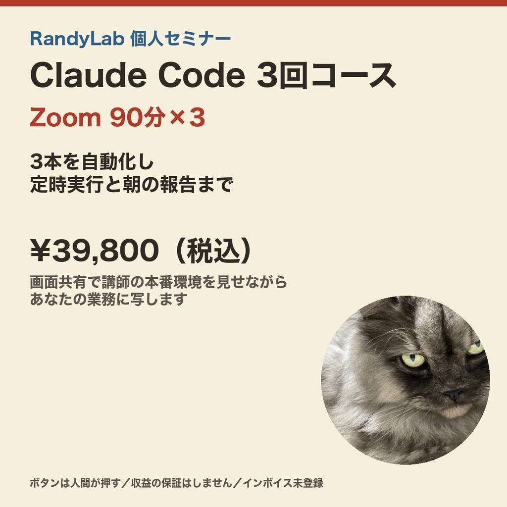 Claude Code 3回コース(Zoom 90分×3・1回券3枚)|3本を自動化して定時実行まで。受講チケット