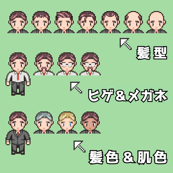 RPGツクールMV/MZ対応 スーツ 672体 キャラチップ 現代 NPC 歩行素材 モブ (86ファイル)