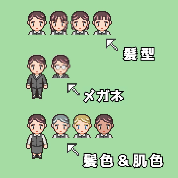 RPGツクールMV/MZ対応 スーツ 672体 キャラチップ 現代 NPC 歩行素材 モブ (86ファイル)