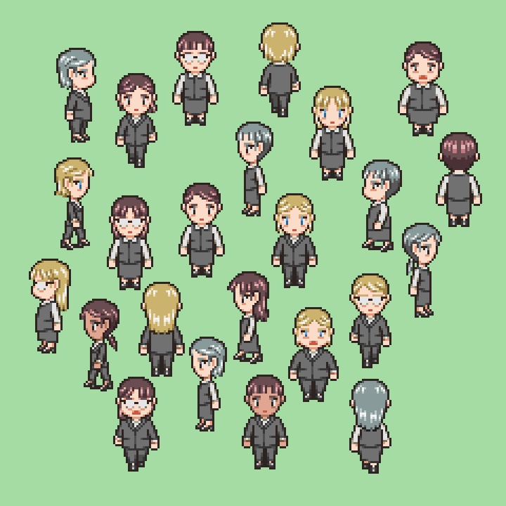 RPGツクールMV/MZ対応 スーツ 672体 キャラチップ 現代 NPC 歩行素材 モブ (86ファイル)