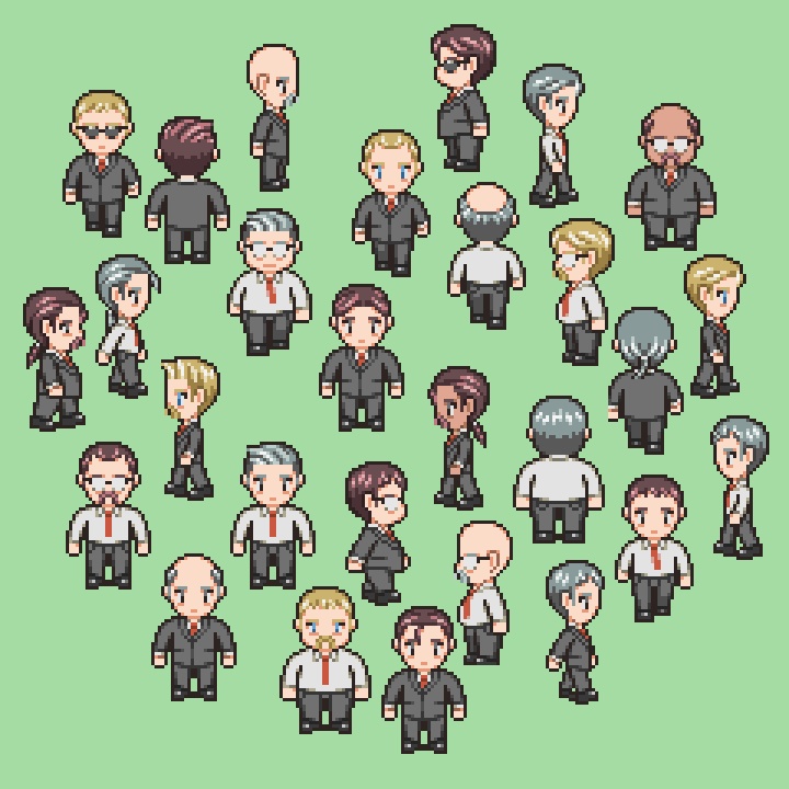 RPGツクールMV/MZ対応 スーツ 672体 キャラチップ 現代 NPC 歩行素材 モブ (86ファイル)