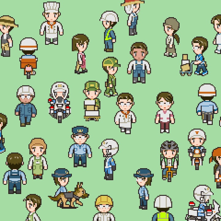 RPGツクールMV/MZ対応 働く人たち 248体 キャラチップ 現代 NPC 歩行素材 モブ (31ファイル)