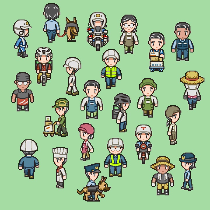 RPGツクールMV/MZ対応 働く人たち 296体 キャラチップ 現代 NPC 歩行素材 モブ (37ファイル)