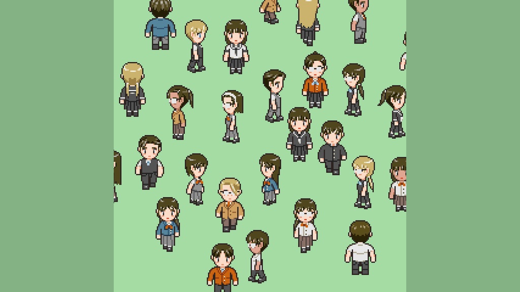 RPGツクールMV/MZ対応 NPC 学生 キャラチップ 歩行素材 現代 モブ 480体 (60ファイル)