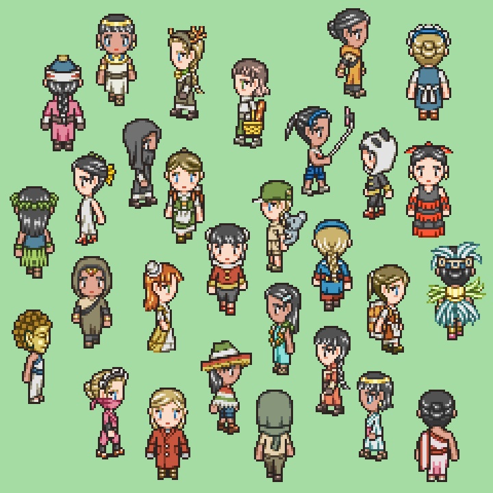 RPGツクールMV/MZ対応 観光客 144体 キャラチップ 現代 NPC 歩行素材 モブ (18ファイル)