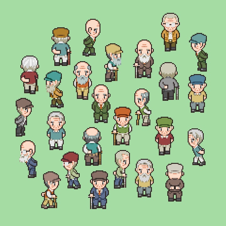 RPGツクールMV/MZ対応 シニア世代 384体 キャラチップ 現代 NPC 歩行素材 モブ (48ファイル)
