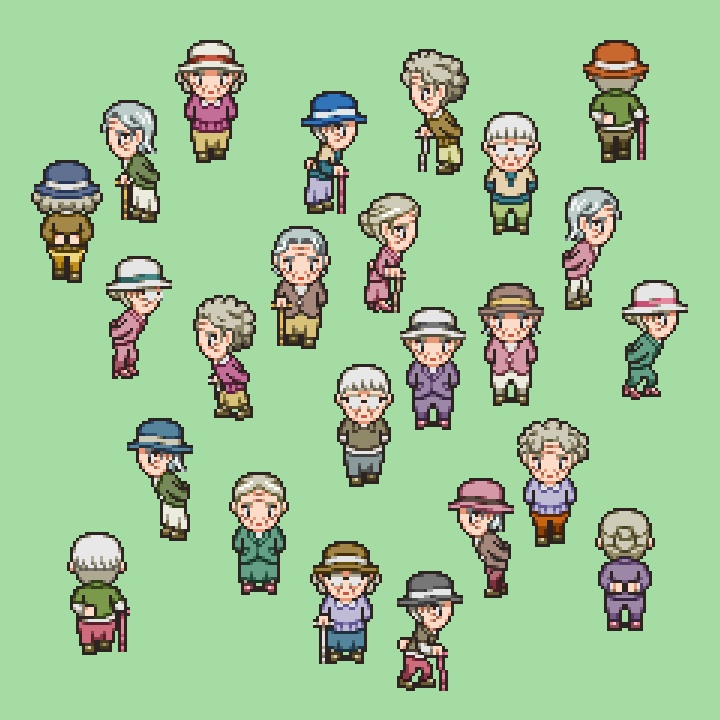 RPGツクールMV/MZ対応 シニア世代 384体 キャラチップ 現代 NPC 歩行素材 モブ (48ファイル)