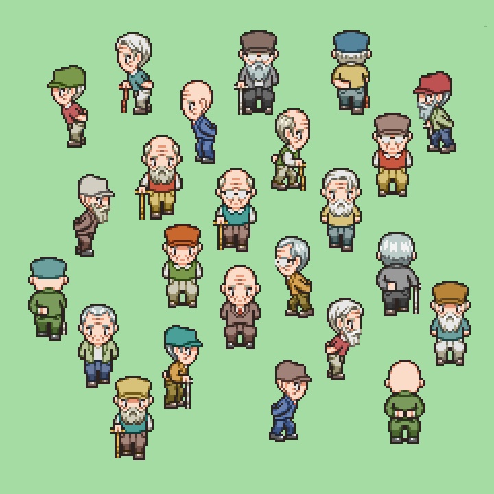 RPGツクールMV/MZ対応 シニア世代 384体 キャラチップ 現代 NPC 歩行素材 モブ (48ファイル)