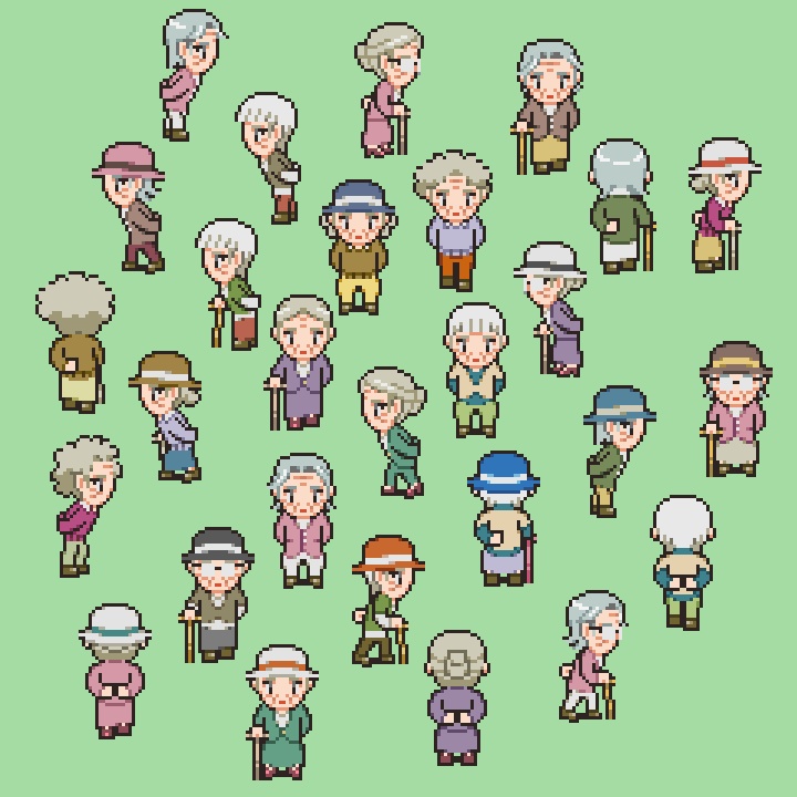 RPGツクールMV/MZ対応 シニア世代 384体 キャラチップ 現代 NPC 歩行素材 モブ (48ファイル)