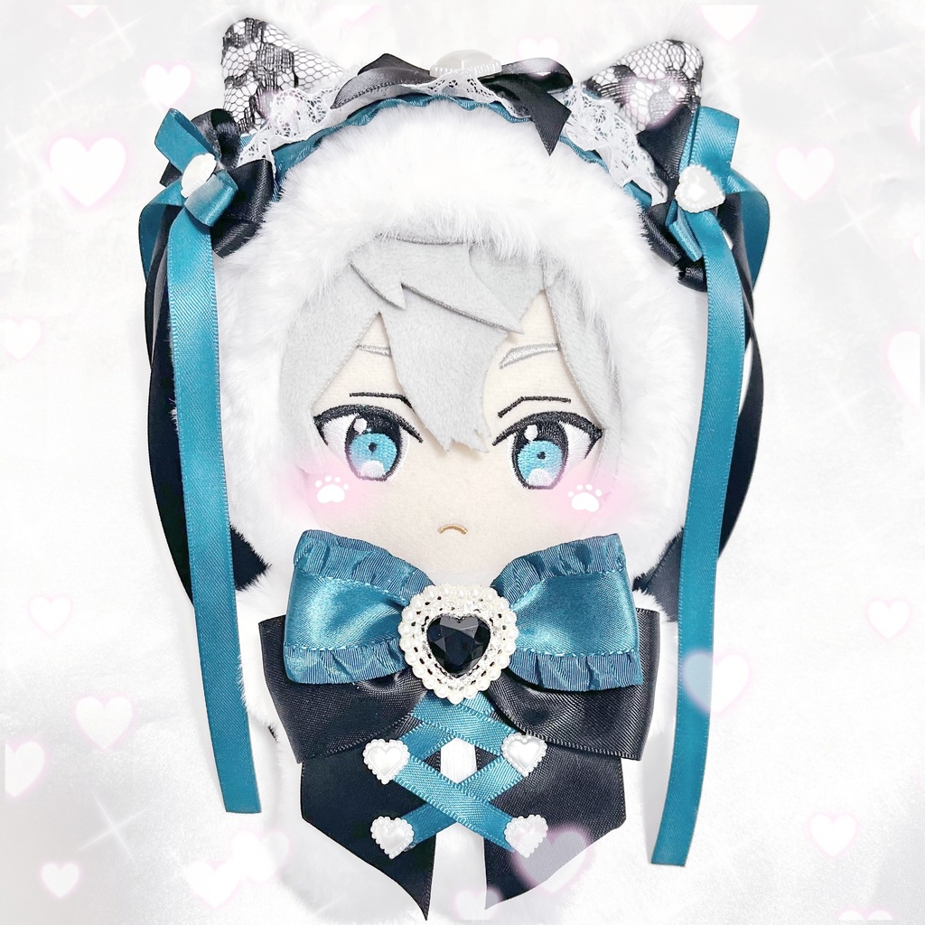 ぬい服 黒×深青緑リボン 白猫メイドさん