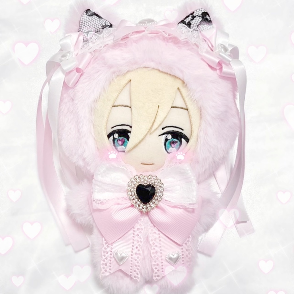 オーダー ぬい服 ピンク×白リボン ピンク猫アイドル
