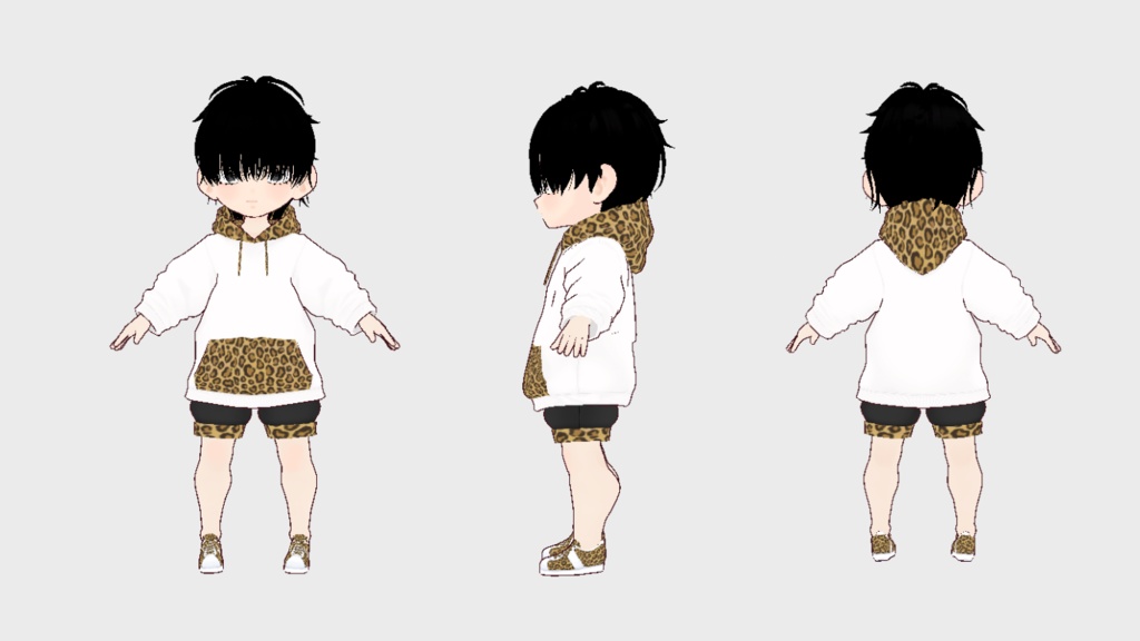 【VRM・VRoidデータ】ヒョウ柄のパーカーを着た少年とヒョウの獣人少年【洋服データ同梱】
