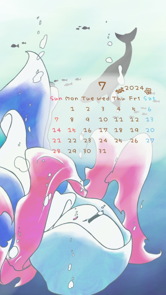 7月のカレンダー🐠🧣🌊🐳