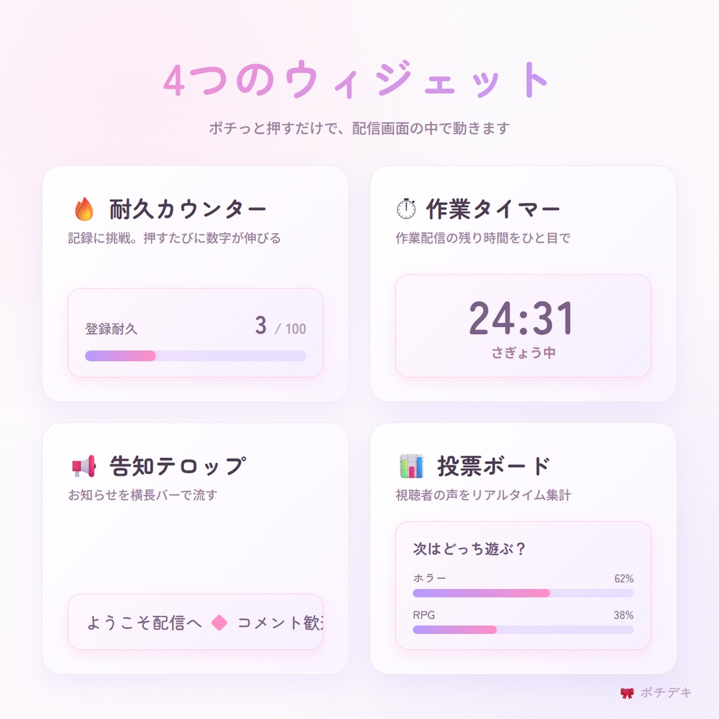 【OBS配信素材】ポチデキ|動くウィジェット4種+4テーマ(耐久カウンター/作業タイマー/告知テロップ/投票)