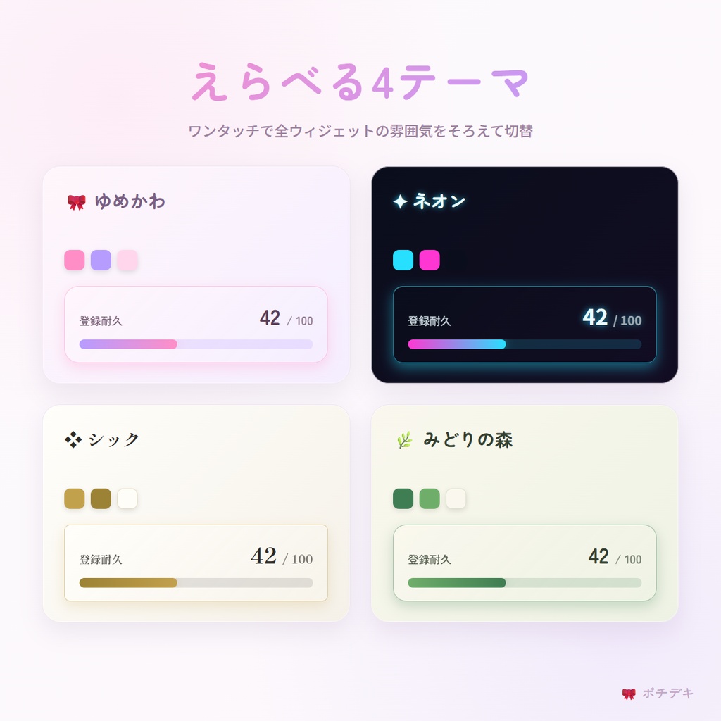 【OBS配信素材】ポチデキ|動くウィジェット4種+4テーマ(耐久カウンター/作業タイマー/告知テロップ/投票)